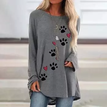 Женская осенняя футболка с принтом кошачьих когтей больших размеров, удобная футболка с длинными рукавами и круглым вырезом, повседневная мешковатая футболка средней длины, топ XS серый