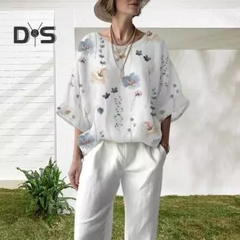 Женская осенняя футболка с рукавами три четверти и круглым вырезом, свободная, с цветочным принтом, повседневная, мягкая, дышащая, женская, средней длины 3XL белый