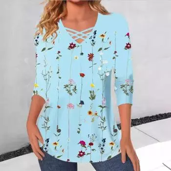 Женская осенняя футболка с широким вырезом, перекрестным V-образным вырезом, цветочным принтом и длинными рукавами S белый