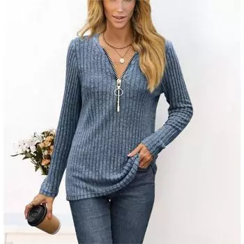 Женская осенняя футболка, сексуальная нагрудная молния, плиссированная, повседневная, с V-образным вырезом, длинными рукавами, женская футболка S хаки