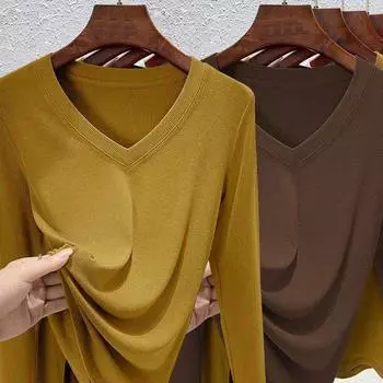 Женская осенняя футболка в рубчик с V-образным вырезом и длинными рукавами, облегающая и тонкая, как базовый слой или верхняя одежда M белый