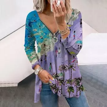 Женская осенняя картина маслом пляж принтованный длинный рукав футболки свободный V-образный вырез плюс размер футболка топы удобная блузка XS розовый