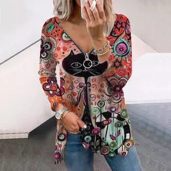 Женская осенняя картина маслом с принтом кота, футболки с длинным рукавом, свободные футболки с V-образным вырезом больших размеров, удобные блузки XS розовый