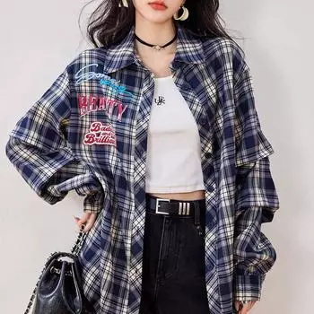 Женская осенняя клетчатая свободная рубашка в винтажном стиле S темно-синий