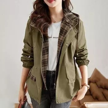 Женская осенняя куртка большого размера с капюшоном, повседневное пальто, свободная удобная куртка на молнии, ветровка M зелёный