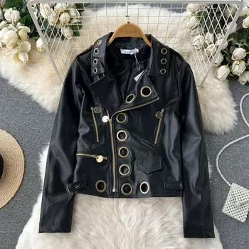 Женская осенняя куртка из искусственной кожи на молнии RUGOD, топ с длинными рукавами