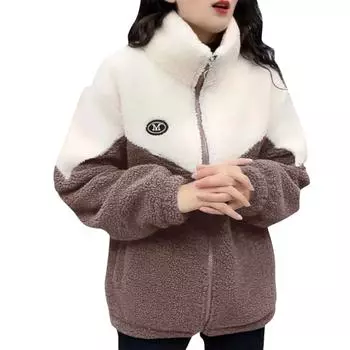 Женская осенняя куртка из овчины с цветными блоками и длинными рукавами L