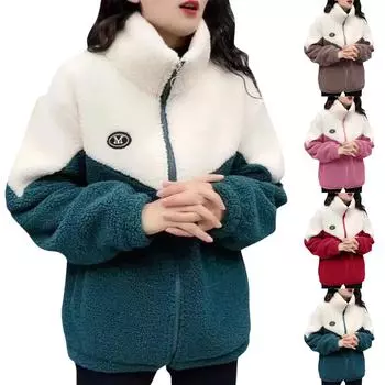 Женская осенняя куртка из овчины с цветными блоками и длинными рукавами XXL красный