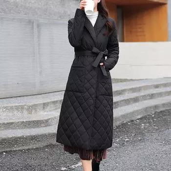 Женская осенняя куртка-парка с поясом, хлопковое пальто в клетку с бриллиантами, пуховое женское пальто выше колена, зимняя одежда, пальто S чёрный