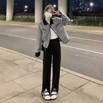 Женская осенняя куртка с отложным воротником, нагрудными карманами, однобортная, свободная, с длинными рукавами, OL S серый