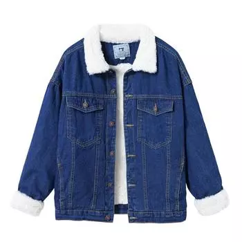 Женская осенняя куртка с подкладкой из овечьей шерсти, свободного кроя, на флисовой подкладке, утолщенная джинсовая куртка XXXL темно-синий