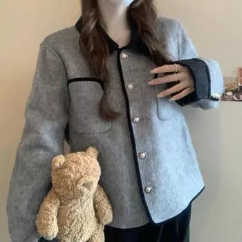 Женская осенняя куртка Yousheng с отложным воротником, нагрудными карманами, однобортная модель, свободные длинные рукава, кардиган в стиле OL Commute, офисная куртка S серый