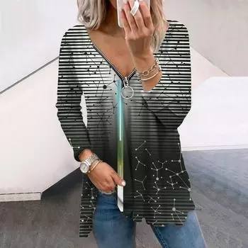 Женская осенняя линия Atom Printed Long Sleeve T Shirts Loose V-Neck Plus Size Tee Shirt Tops Comfy Bloose XS розовый