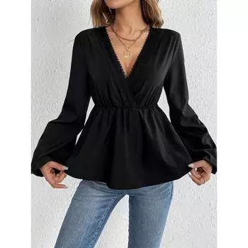 Женская осенняя лоскутная однотонная рубашка с V-образным вырезом S чёрный