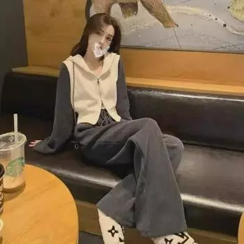 Женская осенняя мода, комплект из двух предметов: облегающая толстовка и широкие брюки Medium