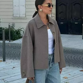 Женская осенняя мода однотонные куртки с отложным воротником и длинными рукавами пальто с карманами однобортные повседневные верхняя одежда S светло-коричневого