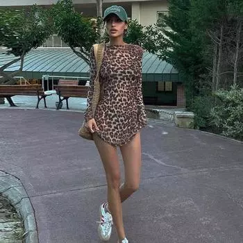Женская осенняя мода персонализированные леопардовые сетчатые прозрачные платья XS цветной печати леопарда