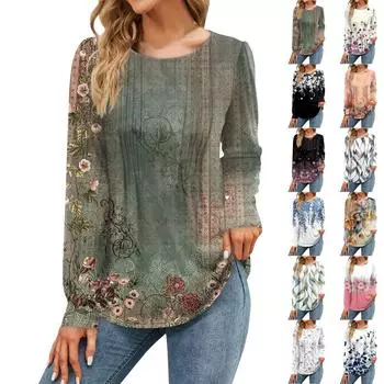Женская осенняя мода повседневный цветочный топ с длинным рукавом рубашка свободный пуловер M чёрный