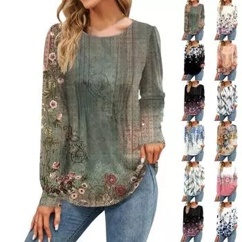 Женская осенняя мода повседневный цветочный топ с длинным рукавом рубашка свободный пуловер XXXL