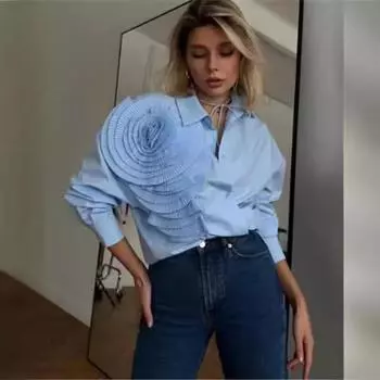 Женская осенняя мода: Рубашка в уличном стиле с французским плиссированным 3D-цветочным принтом Medium синий