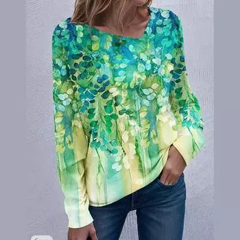 Женская осенняя мода с длинным рукавом, градиентным цветом, цветочным принтом, V-образным вырезом, пуловеры, футболка, блузка, топ S