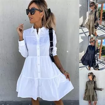 Женская осенняя мода с длинным рукавом и воротником-стойкой, сплошной цвет, большие размеры, свободное повседневное платье S белый