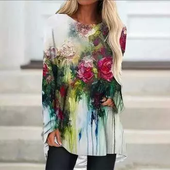 Женская осенняя мода с длинным рукавом и круглым вырезом с цветочным принтом, пуловеры, футболка, блузка, топ S