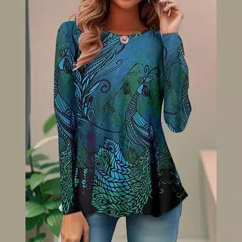 Женская осенняя мода с длинным рукавом и круглым вырезом, градиентный цветной принт, пуловеры, футболка, блузка, топ S