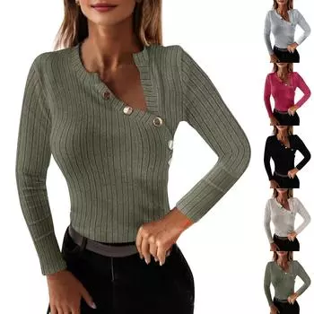 Женская осенняя мода с длинным рукавом и V-образным вырезом, украшенная металлическими пуговицами L армия зеленый