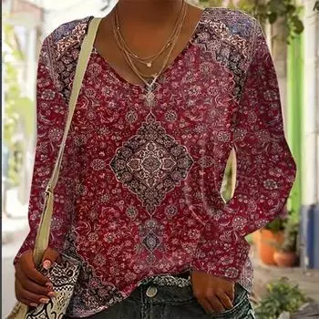 Женская осенняя мода с длинным рукавом и принтом в стиле ретро с V-образным вырезом, пуловеры, футболка, блузка, топ S