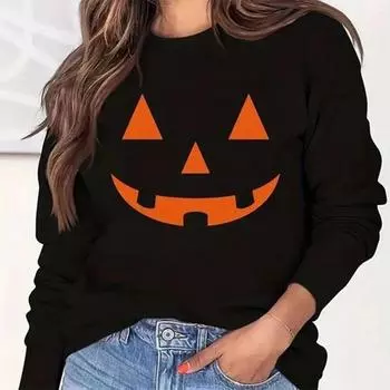Женская осенняя мода с длинным рукавом и круглым вырезом на Хэллоуин с принтом пуловеры футболка блузка топ S