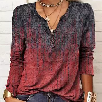 Женская осенняя мода с длинным рукавом и V-образным вырезом с принтом в стиле ретро, пуловеры, футболка, блузка, топ S