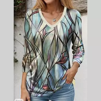 Женская осенняя мода с длинным рукавом и V-образным вырезом, принтованные пуловеры, футболка, блузка, топ S