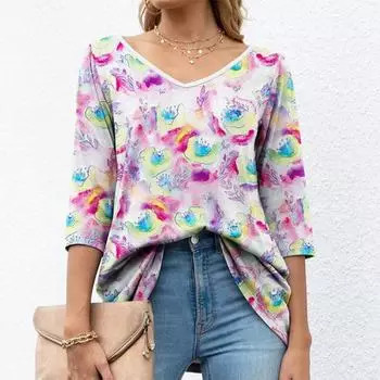 Женская осенняя мода с длинным рукавом и V-образным вырезом, цветочные пуловеры с принтом тай-дай, футболка, блузка, топ S