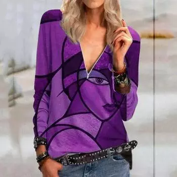 Женская осенняя мода с длинным рукавом и принтом человека, V-образный вырез, пуловеры, футболка, блузка, топ S