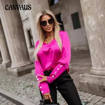 Женская осенняя мода с длинным рукавом и пуговицами, однотонная рубашка с V-образным вырезом S белый