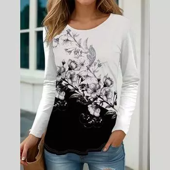 Женская осенняя мода с длинным рукавом и цветочным принтом, с круглым вырезом, 3D футболка, блузка, топ, футболки женские S