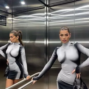 Женская осенняя мода с длинным рукавом юбка с принтом на теле с круглым вырезом облегающее сексуальное платье для женщин S белый