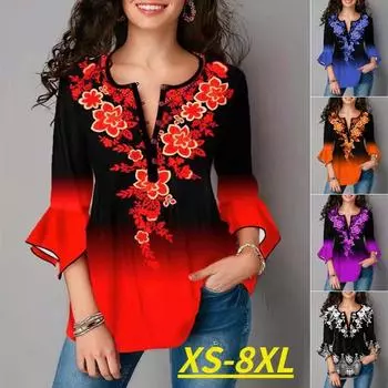 Женская осенняя модная одежда Элегантные туники с v-образным вырезом Топы Повседневная блузка с рукавами 3/4 с принтом Рубашка больших размеров Свободные уличные пуловеры Футболки S фиолетовый