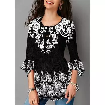 Женская осенняя модная одежда Элегантные туники с v-образным вырезом Топы Повседневная блузка с рукавами 3/4 с принтом Рубашка больших размеров Свободные уличные пуловеры Футболки S красный