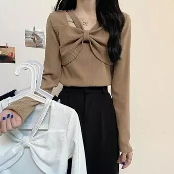 Женская осенняя модная однотонная футболка с вырезом в рубчик и бантом, блузка, топ чёрный