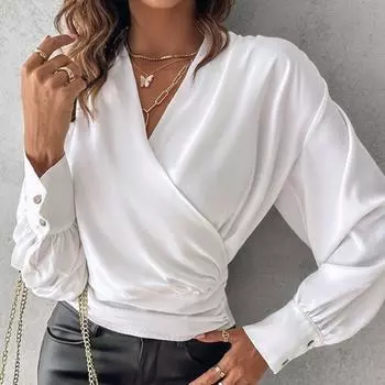 Женская осенняя модная рубашка с длинным рукавом и V-образным вырезом с принтом S чёрный