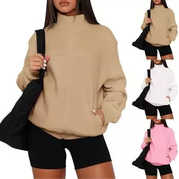 Женская осенняя модная толстовка на молнии с длинным рукавом, свободная модная повседневная куртка с карманами L хаки