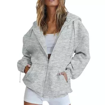 Женская осенняя модная толстовка на молнии с длинными рукавами и пуловером с капюшоном, повседневные однотонные топы с карманами XXL