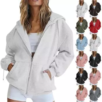 Женская осенняя модная толстовка на молнии с длинными рукавами и пуловером с капюшоном, повседневные однотонные топы с карманами L