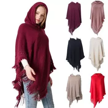 Женская осенняя накидка с кисточками, свободная вязка, сплошной цвет, неровный подол, теплая, с капюшоном, в богемном стиле, с бахромой, женский плащ для работы вино красного
