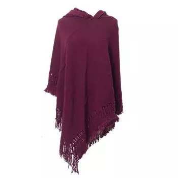 Женская осенняя накидка с кисточками, свободная вязка, сплошной цвет, неровный подол, теплая, с капюшоном, в богемном стиле, с бахромой, женский плащ для работы вино красного