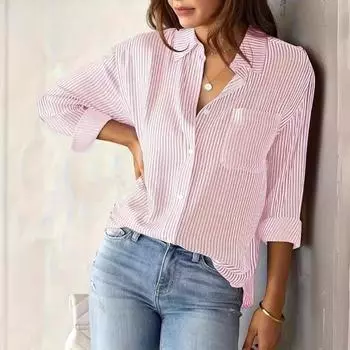 Женская осенняя новинка, кардиган в полоску с принтом, повседневная модная рубашка с длинным рукавом S чёрный