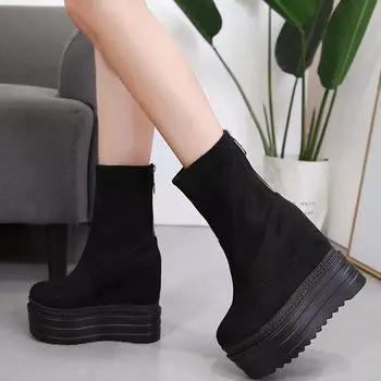 Женская осенняя обувь, замшевые ботильоны на танкетке и эластичной платформе, повседневная обувь на молнии, черный панк 35 чёрный