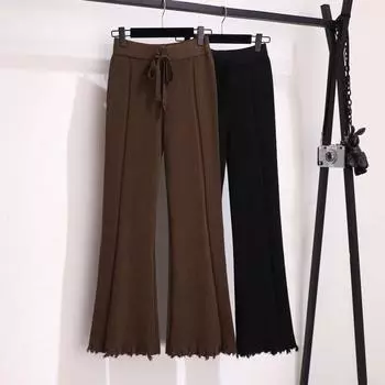 Женская осенняя одежда больших размеров демонстрирует линии стройности, уменьшения возраста и блокировки плоти.. Дизайн трикотажных брюк с расклешенными брюками – это модно. One Size чёрный